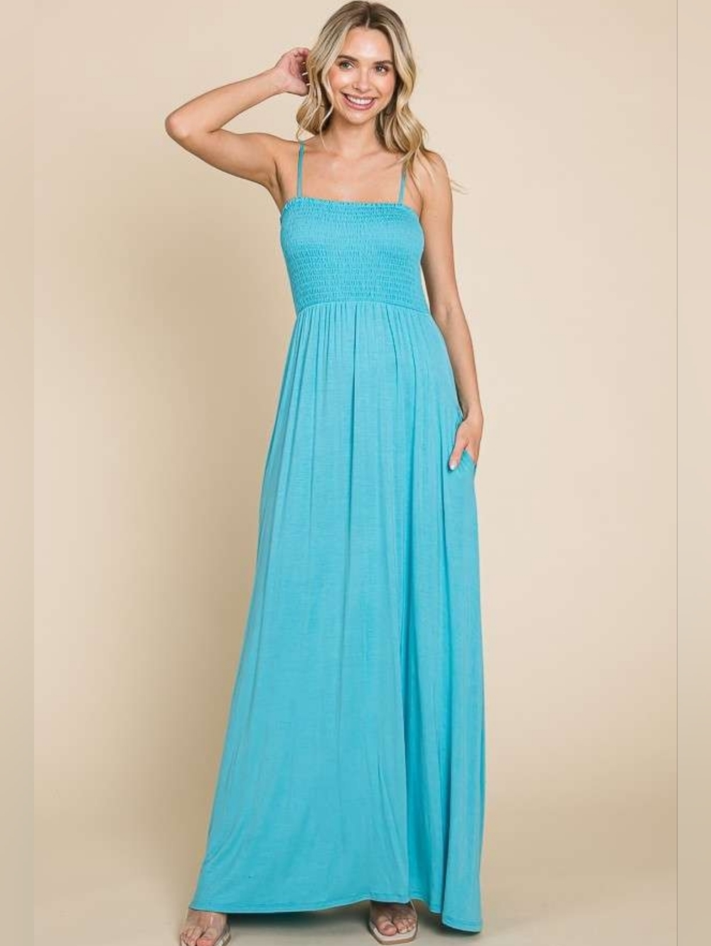 187 | Smocked Spaghetti Strap Maxi Dress - Light Teal